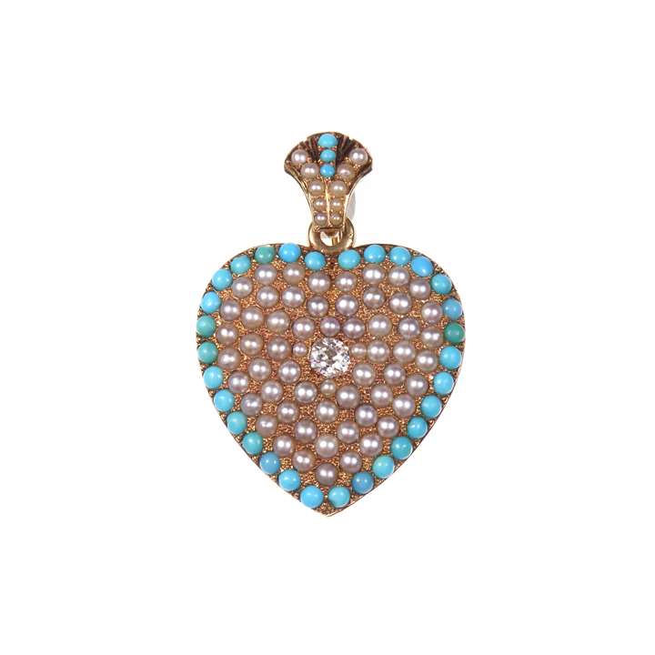 Turquoise, diamond, pearl and gold heart pendant